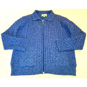 Womens Sweater-SHADES OF ARAN-IRELAND-blue cableknit merino wool zip cardigan-S